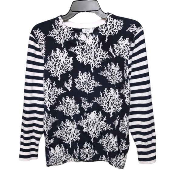 crown & ivy Sweaters - Crown & Ivy Navy Blue Coral Stripe Button Cardigan Sweater Women Size Large NWT